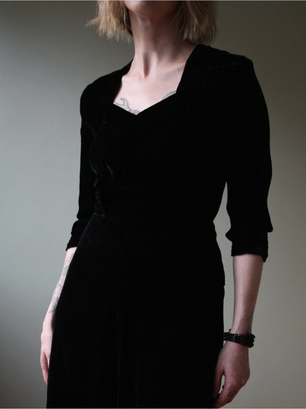 1930's Silk Black Velvet Fit and Flare Sweetheart Dress